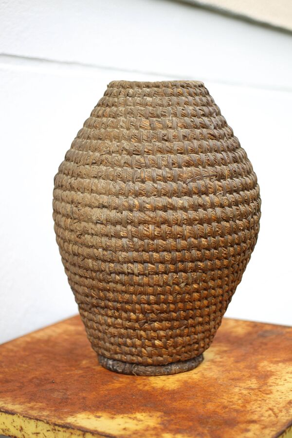 Panier ancien, bourgne paille et ronce, panier tressé, décoration intérieur