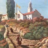 Painting Animated Mediterranean landscape at the monastery 1879 signed F.D.
