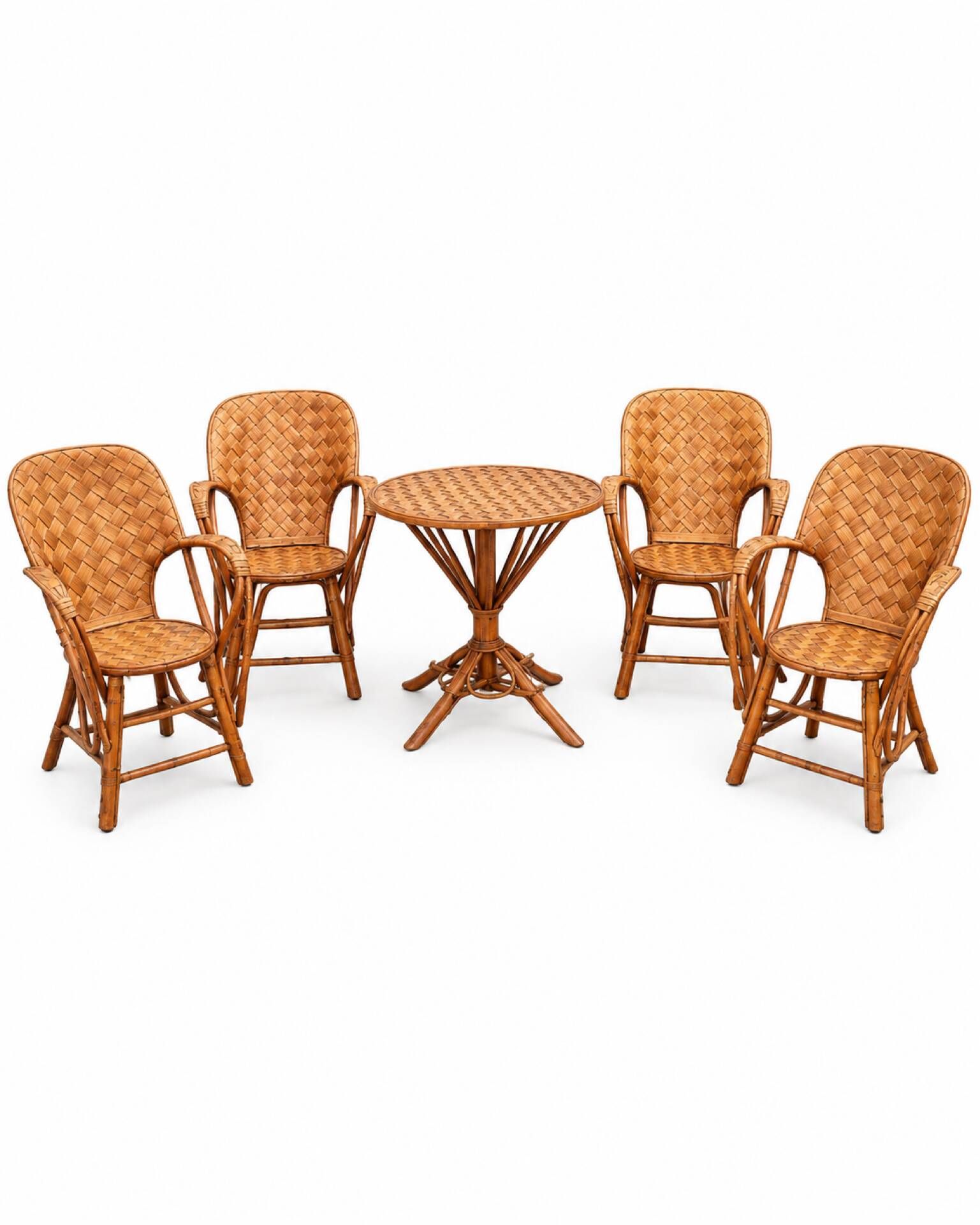 Ensemble de jardin vintage en rotin tressé –table ronde et 4 fauteuils