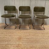 Set of 3 chairs from the 70s in chrome metal and khaki velvet