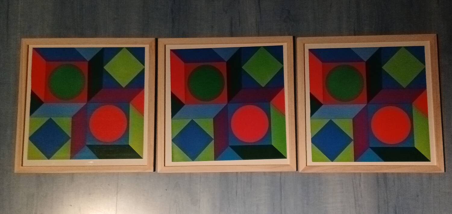Vintage Optical Art Triptych - Victor Vasarely - 3 Frames 30x30cm