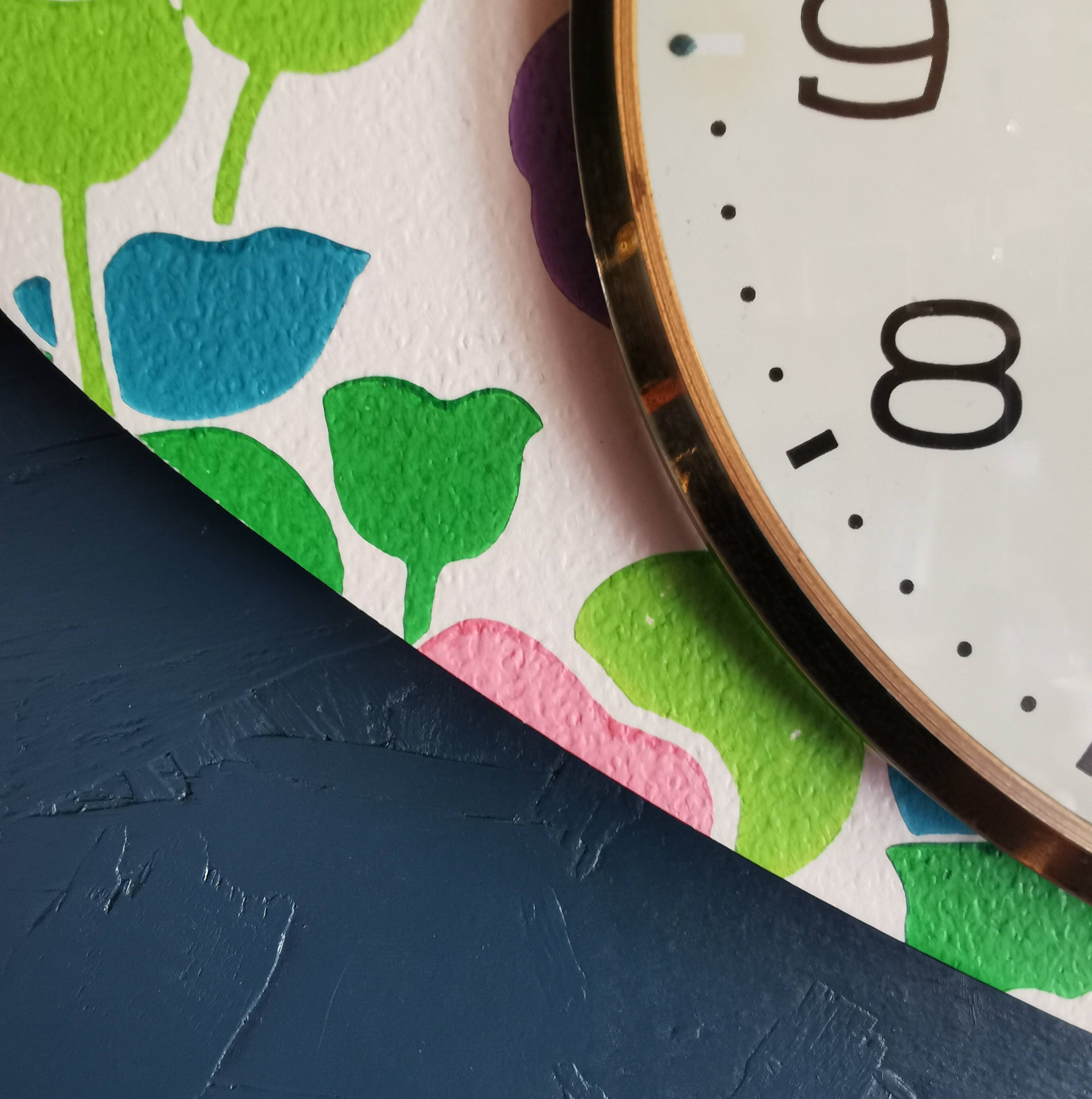 Vintage silent asymmetrical wall pendulum clock "Purple green pink flowers"