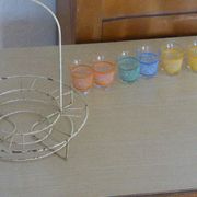 Service a Liqueur consisting of a metal servant, a carafe and 6 small vintage glasses 1950