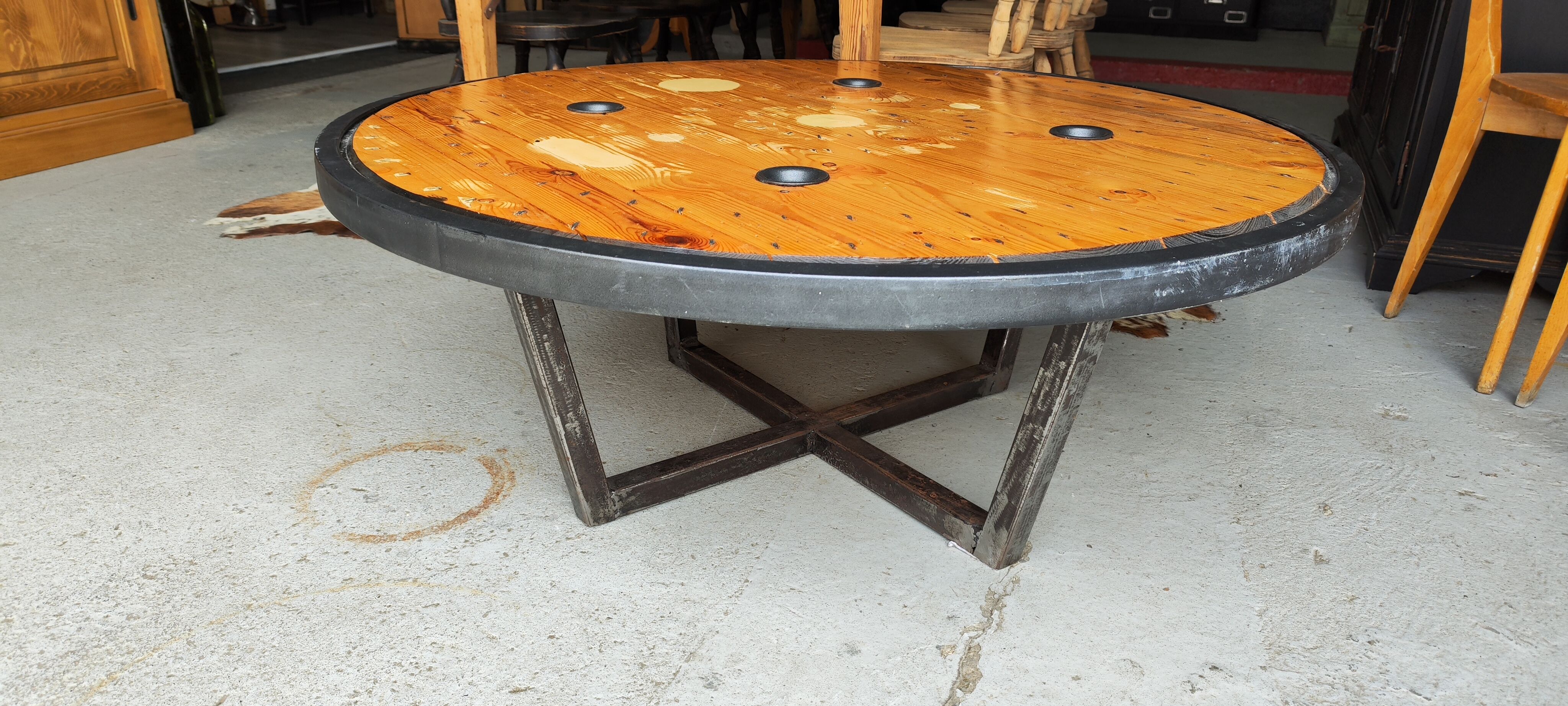 Large industrial coffee table metal and wood drum