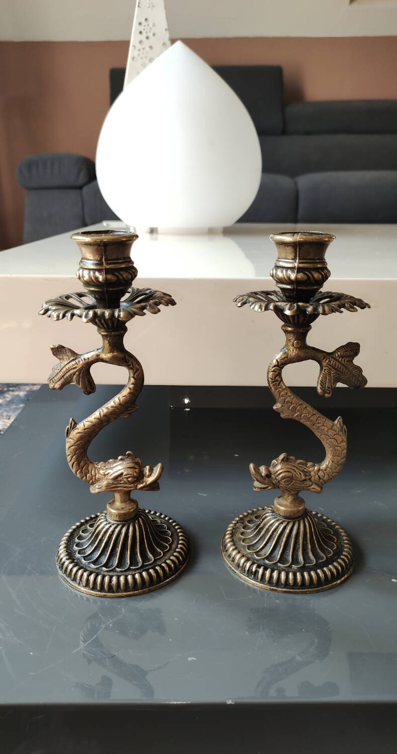 Pair of Art Nouveau style Koi Carp Candlesticks. In old gold patinated bronze.