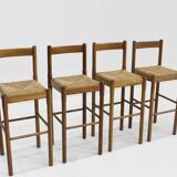 Ensemble de tabourets de bar vintage Vico Magistretti en frêne et paille, Italie