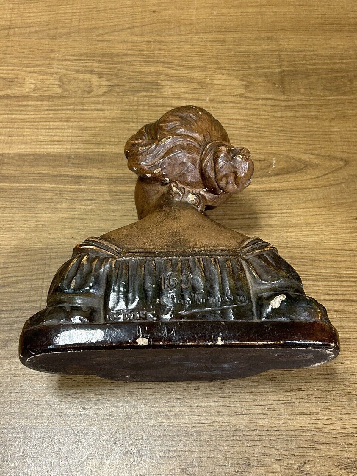 old plaster bust, young art deco woman, patina, signed Gustave Van Vaerenbergh