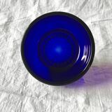 Vintage pear jam and sugar bowl in chromed metal and cobalt blue glass