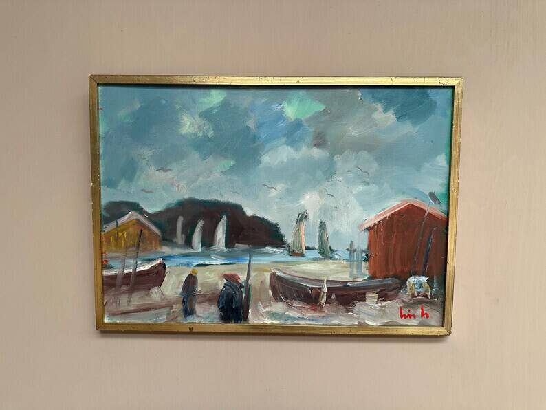 Original Swedish Oil on Canvas – “Coastal Village” by Eric Lo – Signed – Vintage & Framed