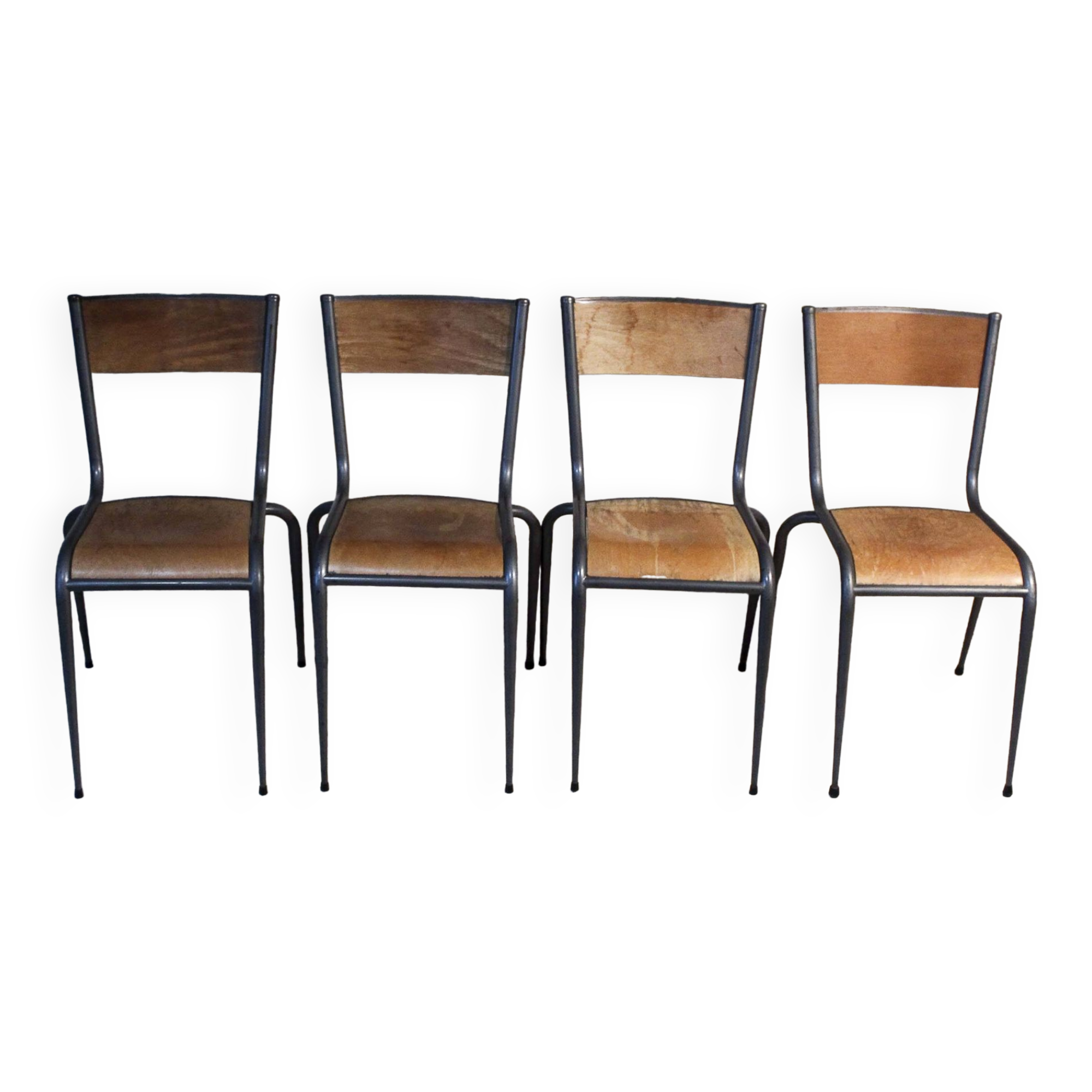 4 chaises d'école pieds fuselés métal et bois