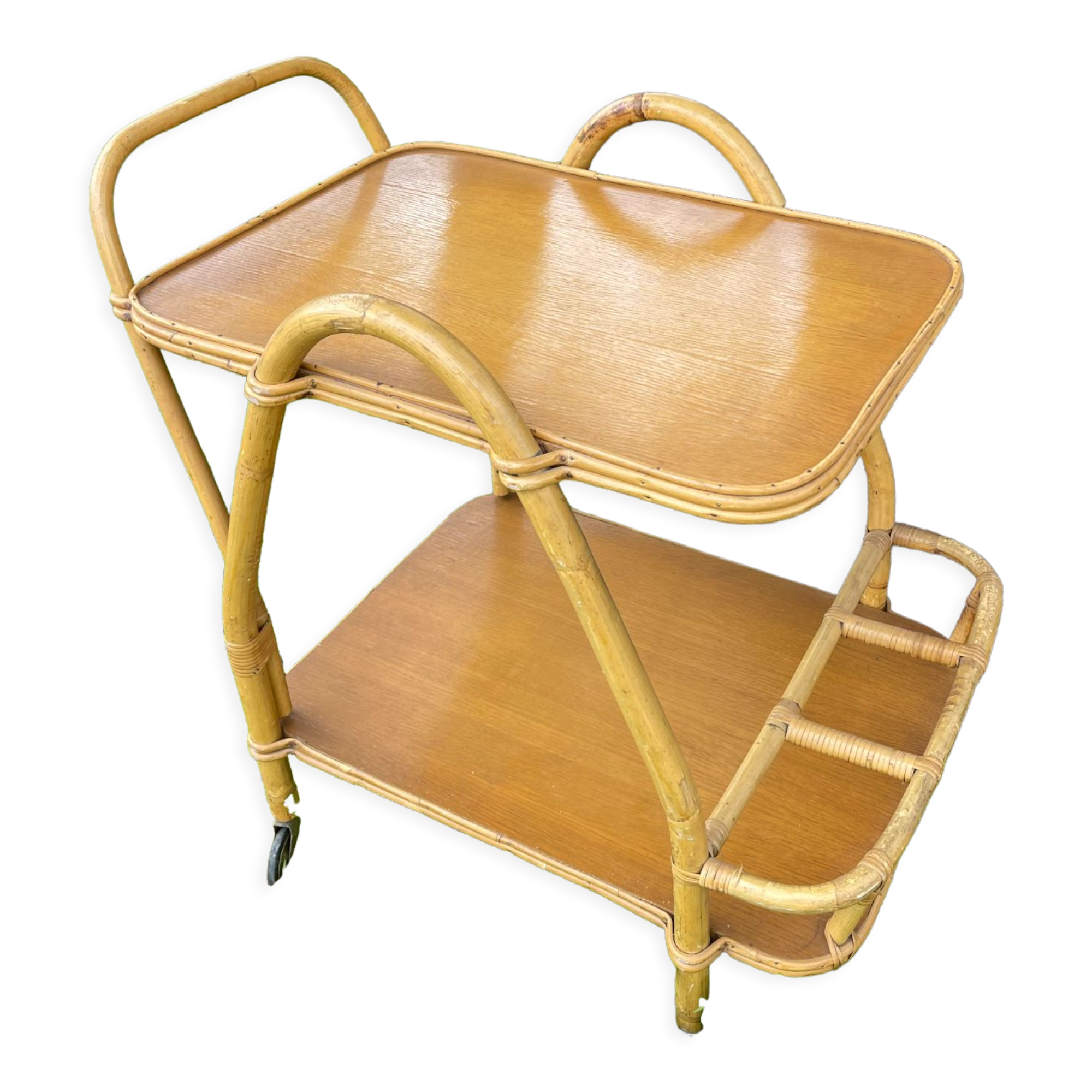 Rattan and oak trolley table