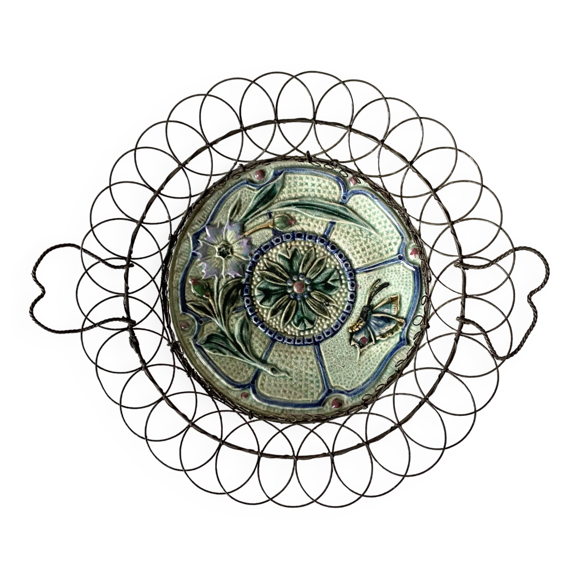 Antique barbotine and wire dish, 19th century