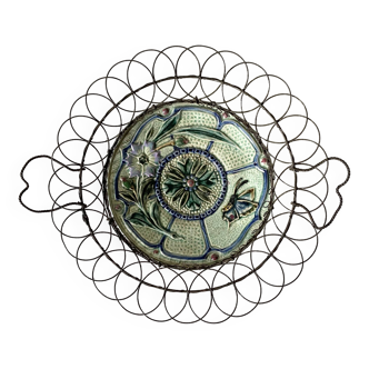 Antique barbotine and wire dish, 19th century