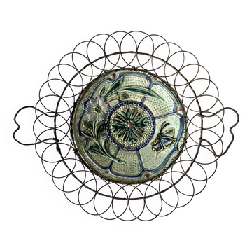 Antique barbotine and wire dish, 19th century
