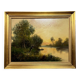 Barbizon School by C. Lion (19th): Painting representing a lively riverside around 1880