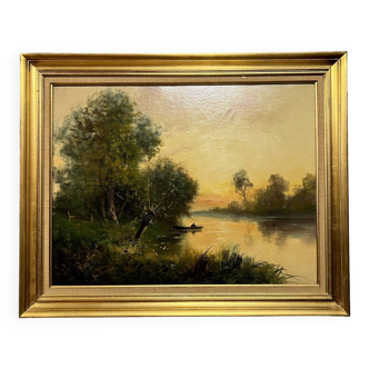 Barbizon School by C. Lion (19th): Painting representing a lively riverside around 1880