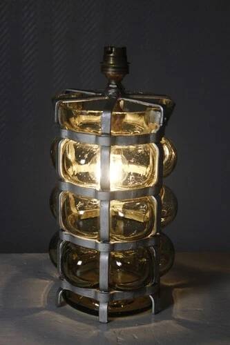Vintage brutalist lamp with double lighting, blown glass in a cage, 20th-century design.