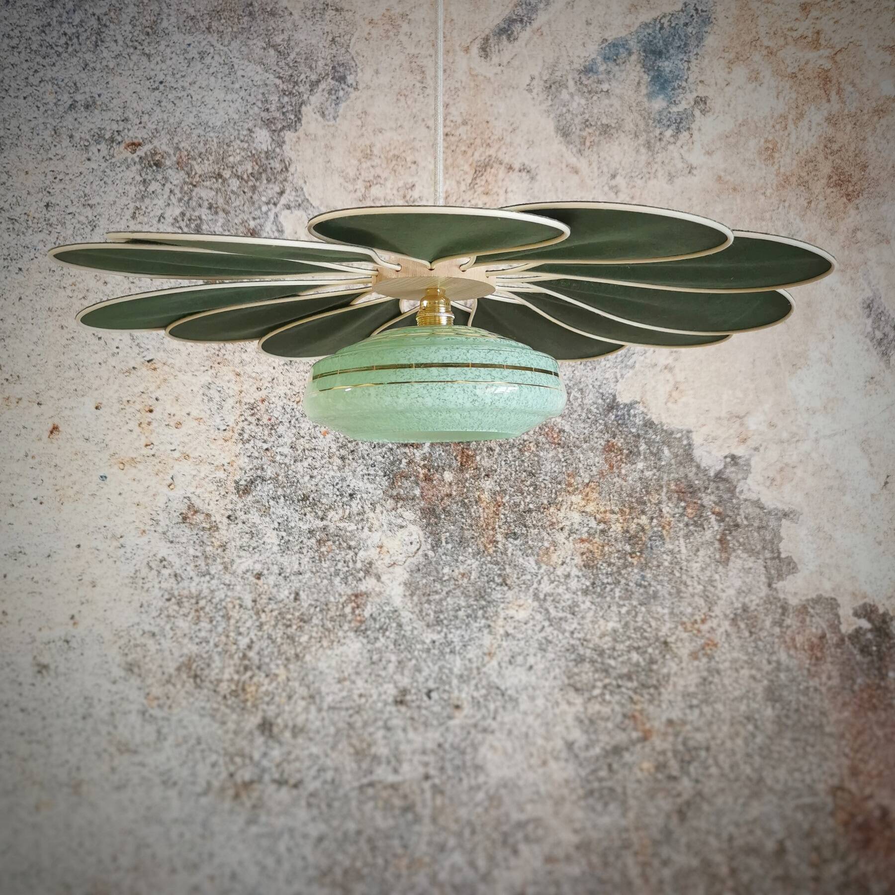 Rattan and Green Linen Flower Pendant Light and Vintage Clichy Glass Globe