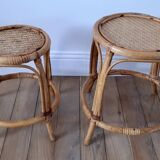 Pair of honey-colored rattan stools/plant holders in the 60s
