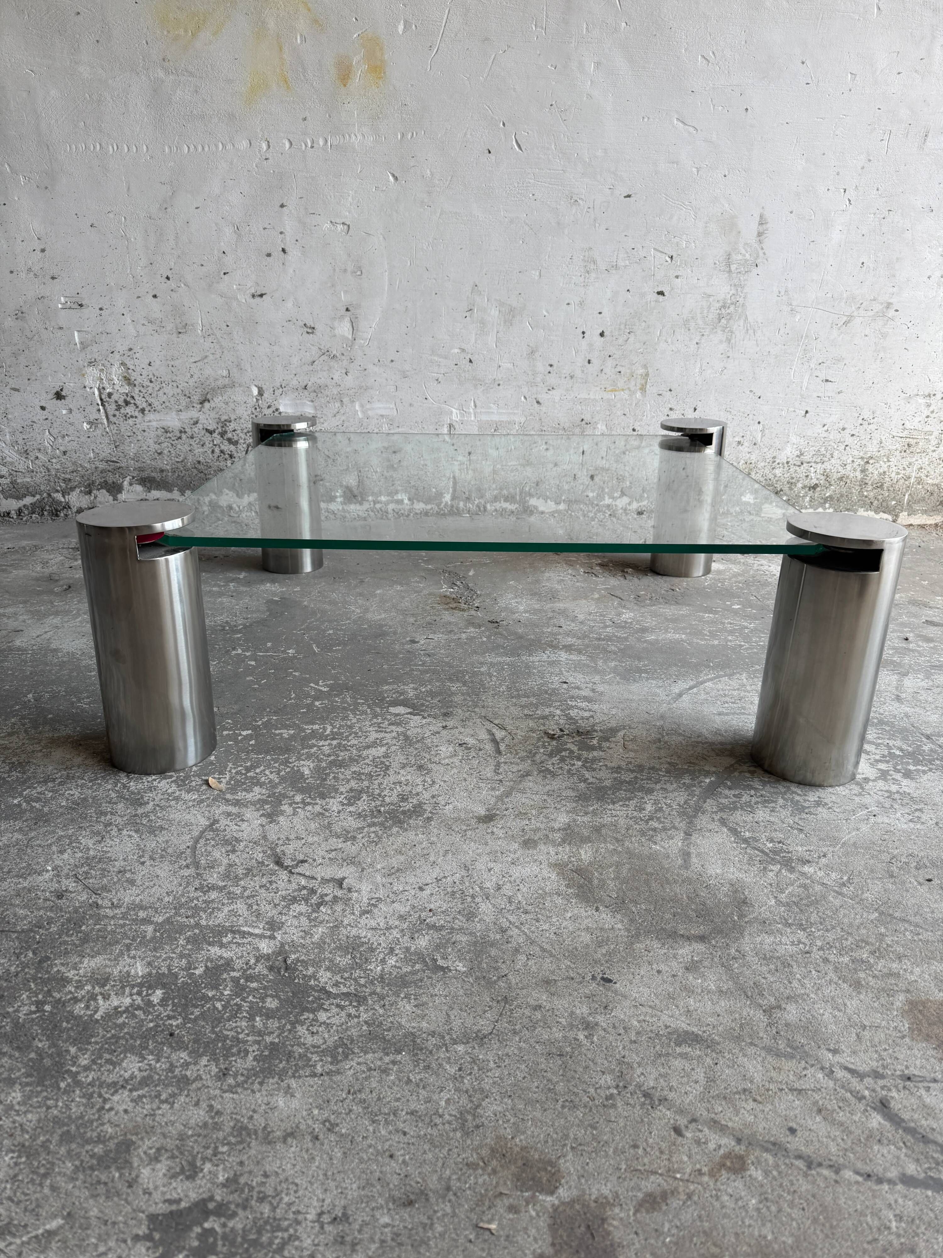 Clear Glass Square Coffee Table with Stainless Steel Cylinder Legs