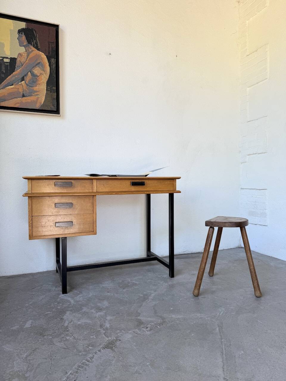 Modernist 50s oak metal desk