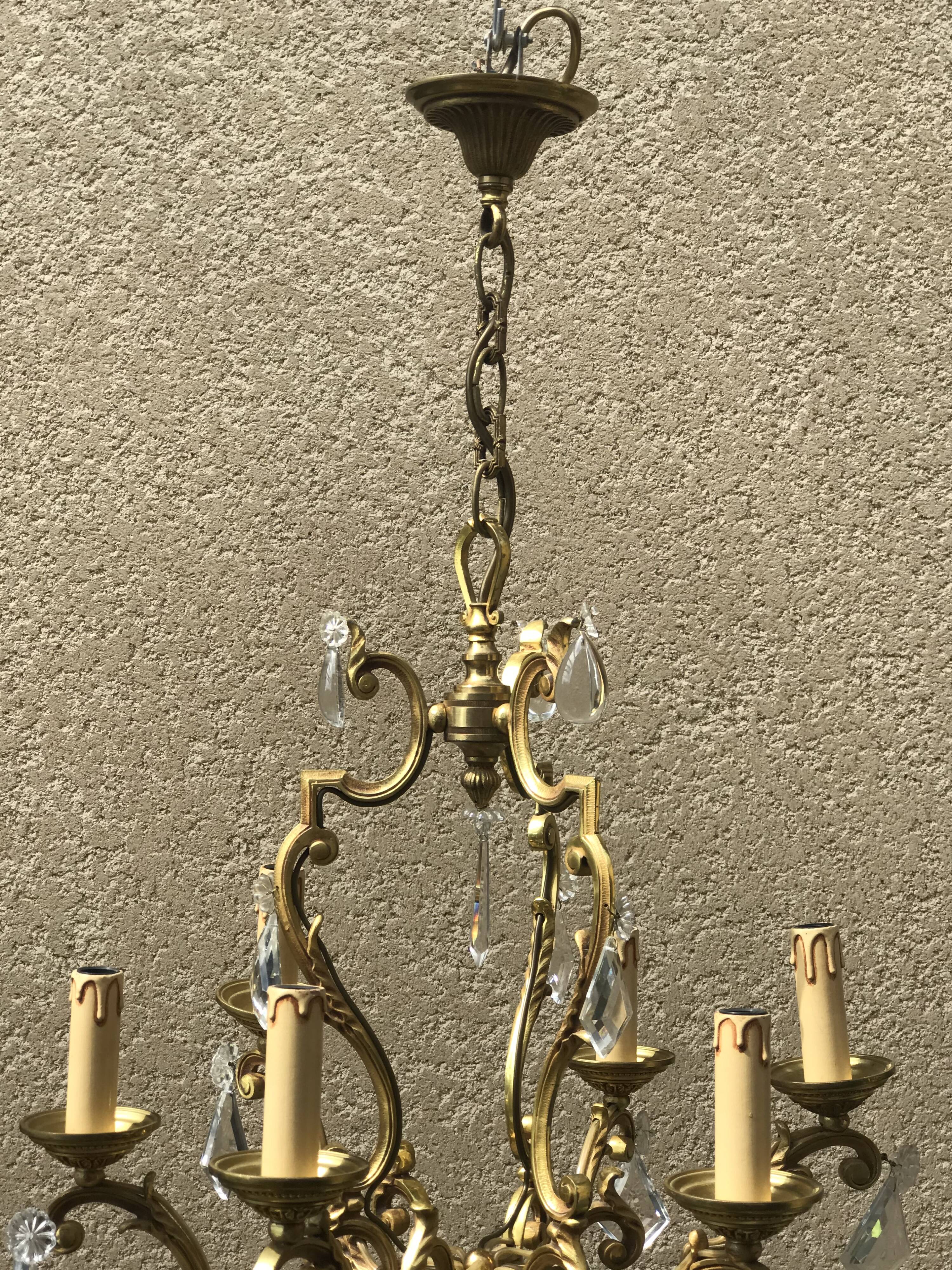 Bronze cage chandelier with crystal drops, 6 lights