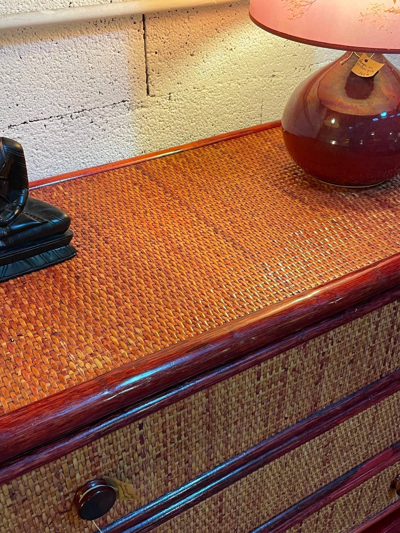 Wood and rattan commode Maugrion vintage 1980s