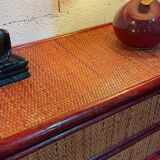 Wood and rattan commode Maugrion vintage 1980s