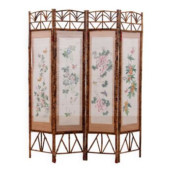 Vintage oriental folding screen Bamboo with fabric, 1960