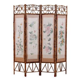 Vintage oriental folding screen Bamboo with fabric, 1960