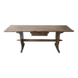 Large antique pine trestle dining table with drawer, Sweden 1780