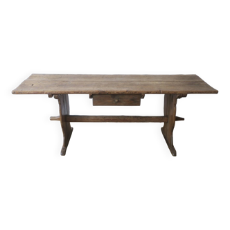 Large antique pine trestle dining table with drawer, Sweden 1780