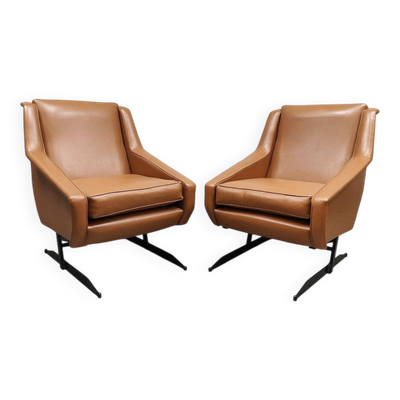 2 fauteuils vintage en simili-cuir cognac, Italie