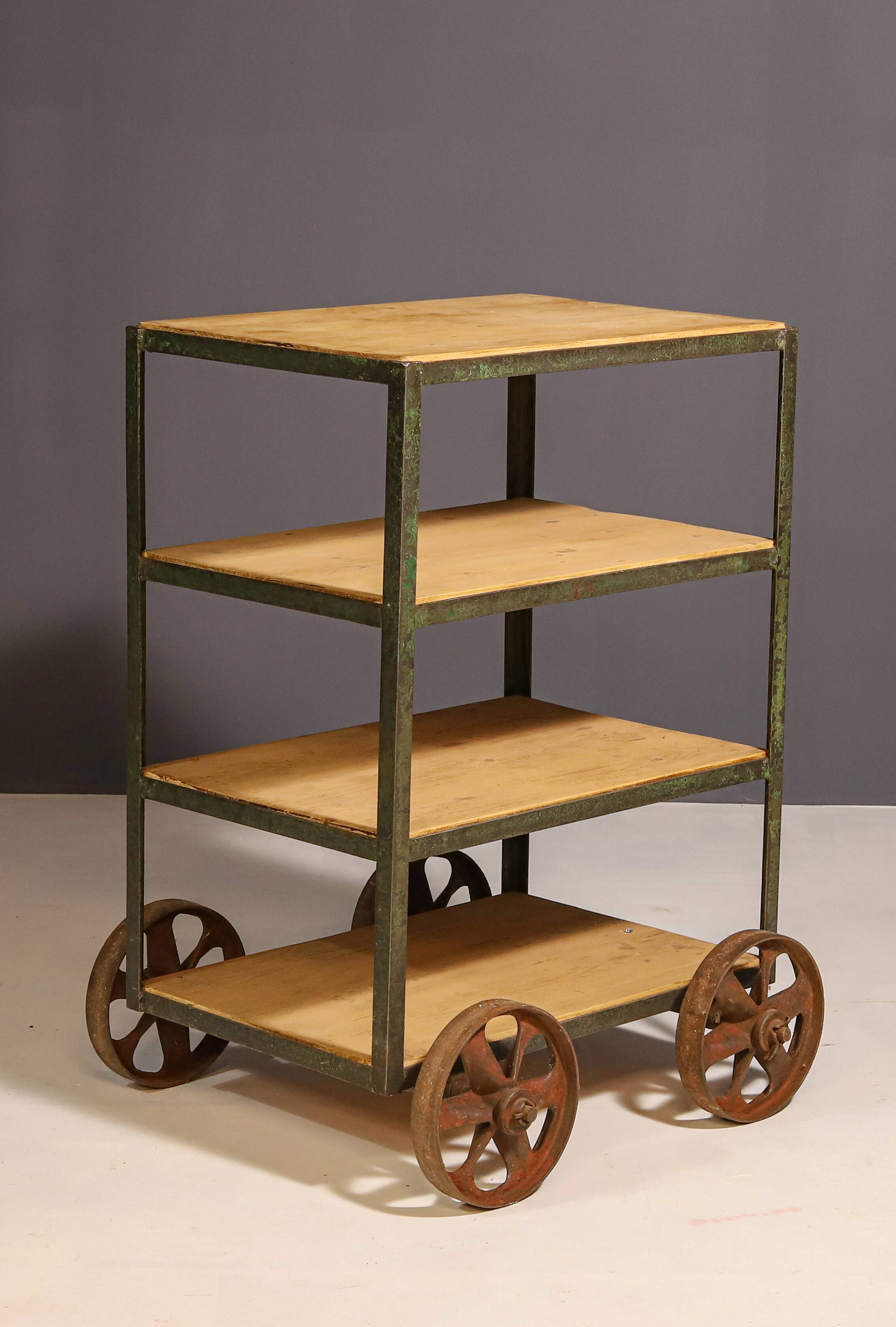Vintage industrial shelf on wheels from the 1960s, Czechoslovakia