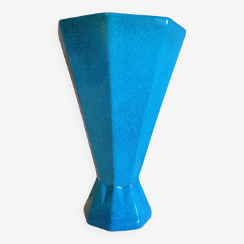 Boch la louviere vase faience craqueleléé turquoise monochrome art déco