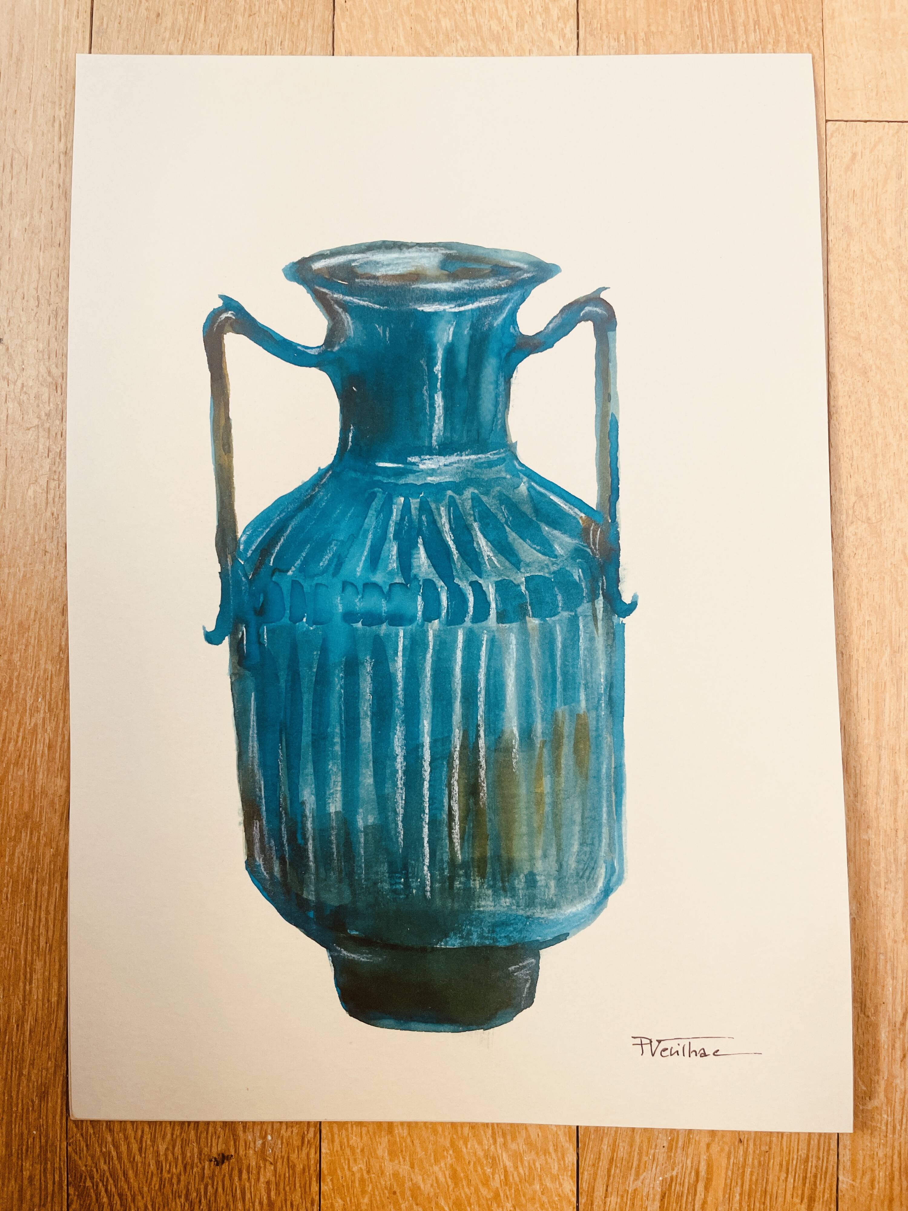 Signed watercolor and ink painting Vase Wabi Sabi collection China