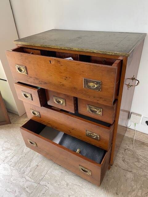 boat chest of drawers, leather, brass, exotic wood, purchased in 1970.