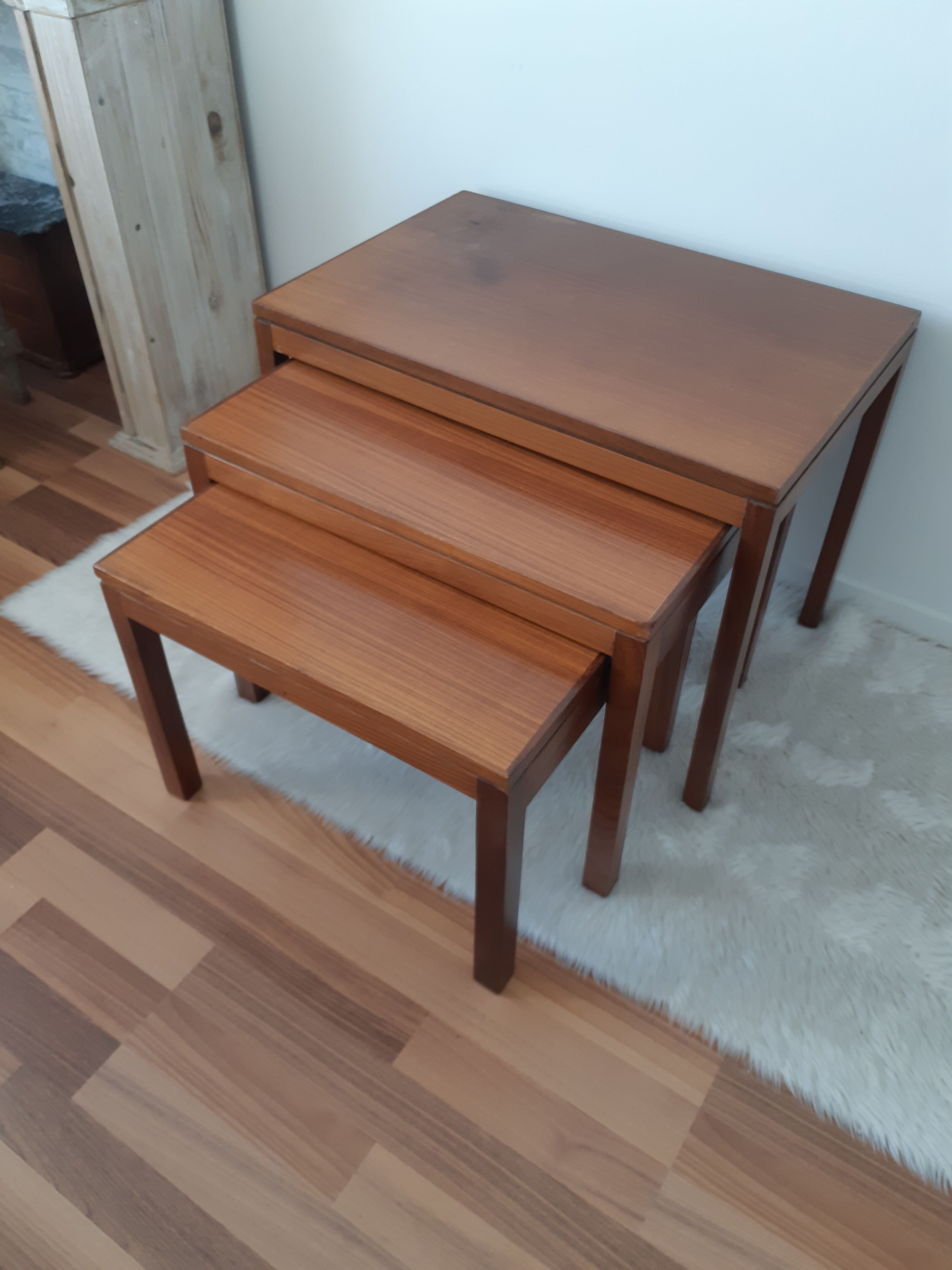 3 teak pull-out tables, signed Barrett, vintage, 1964