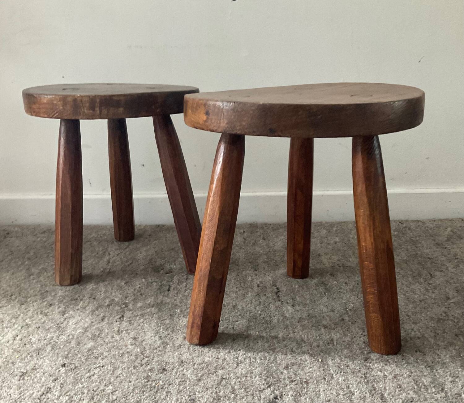 Pair of wooden tripod foot stools