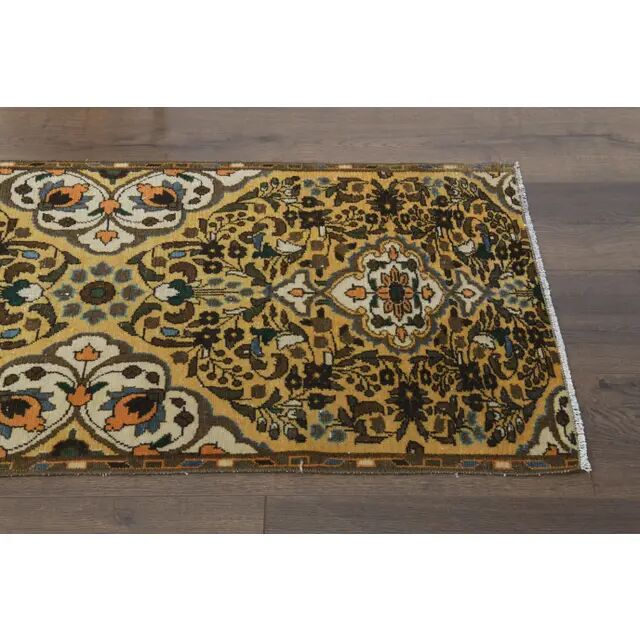 Tapis couloir vintage turc Oushak fait main en laine et coton jaune 59x378