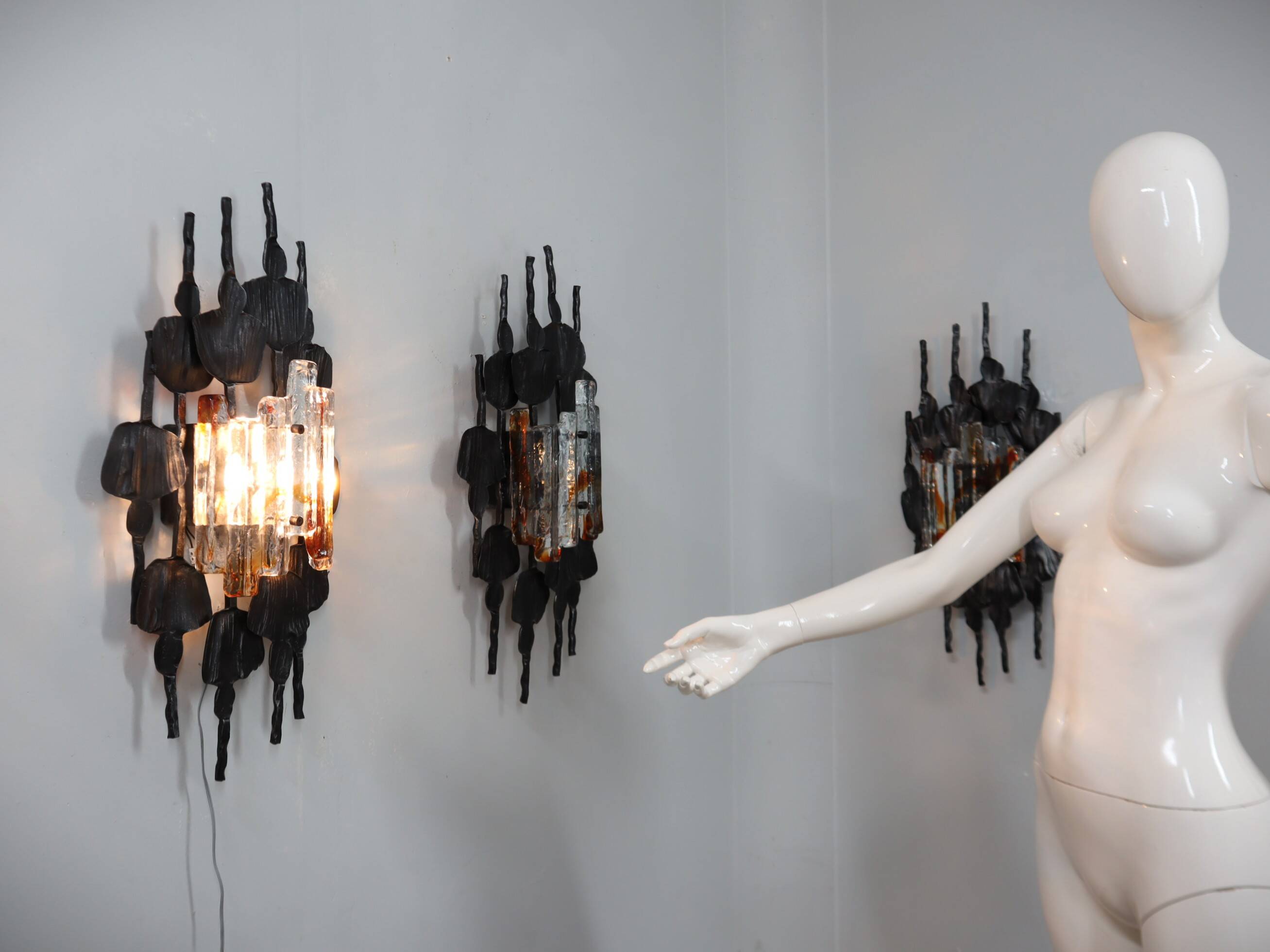 Set of 3 Brutalist Murano glass strips sconces / wall lamps Italy 1970s
