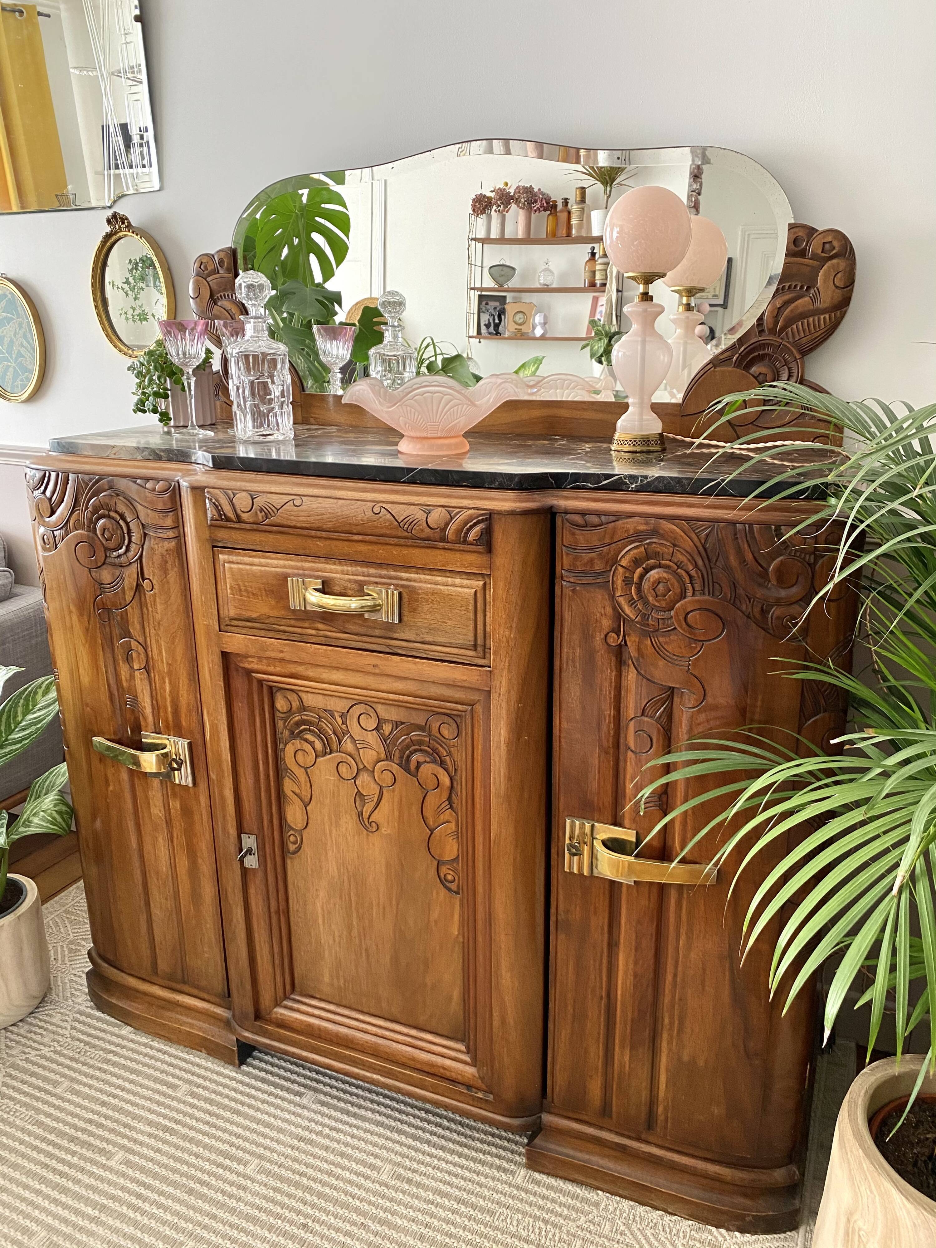 Art Deco black marble sideboard and vintage beveled mirror