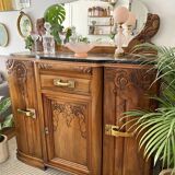 Art Deco black marble sideboard and vintage beveled mirror