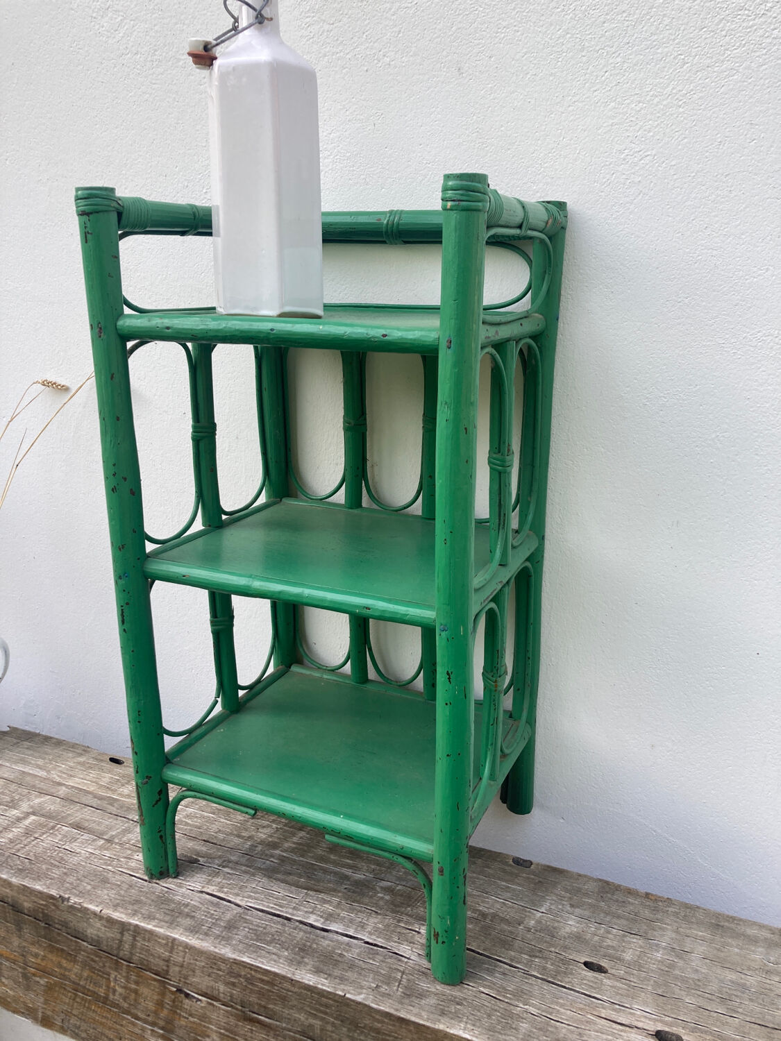 Vintage green rattan bedside table