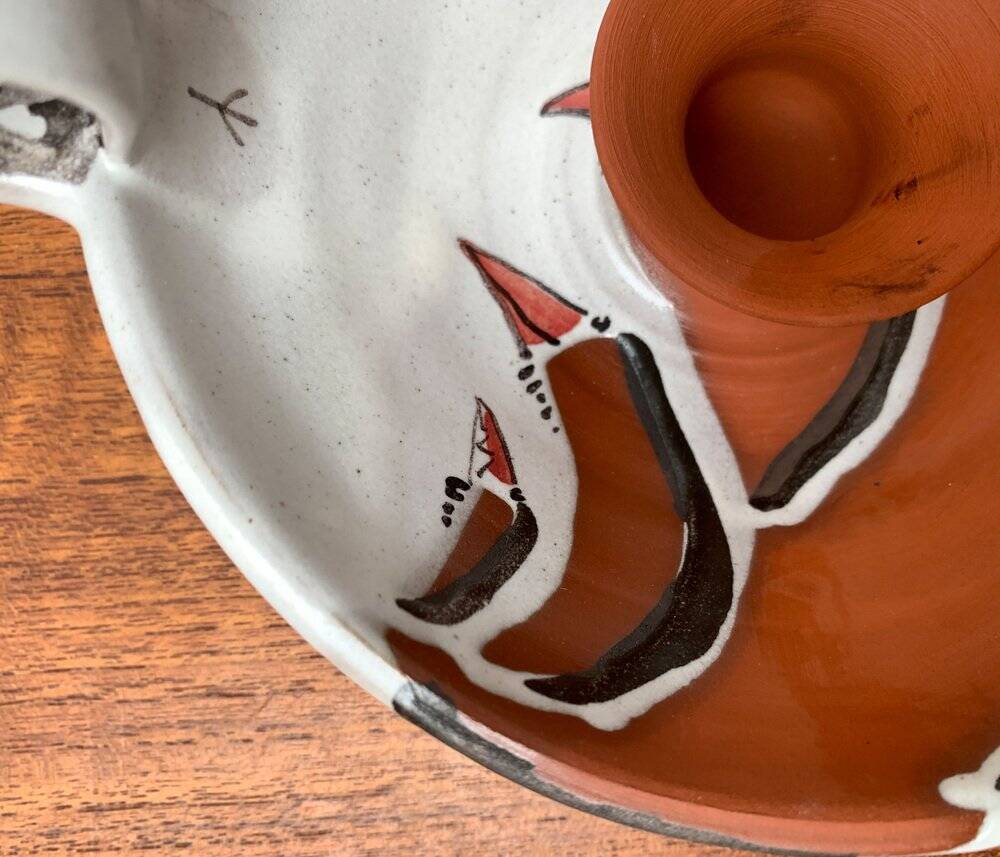 Workshop pottery candlestick from mid-century German with bird motif by Töpferei Bücking Börnsen, 1960s.