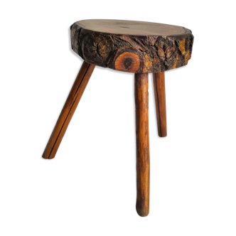 Tabouret bout de canapé tripode brutaliste rondin bois vintage