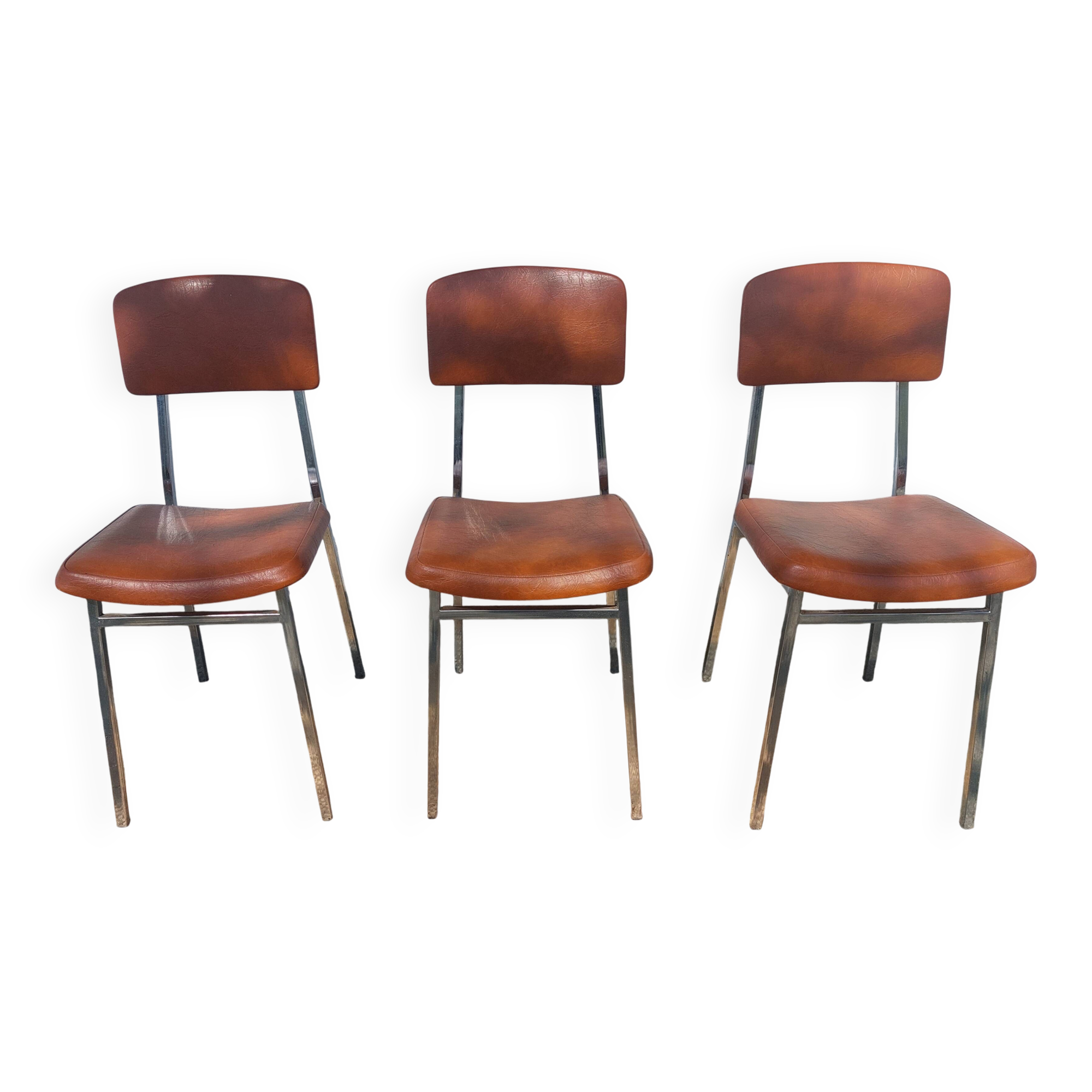 3 stainless steel tube chairs and faux leather, vintage