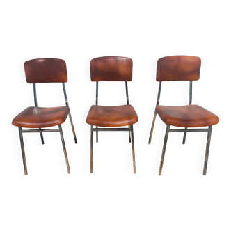 3 stainless steel tube chairs and faux leather, vintage