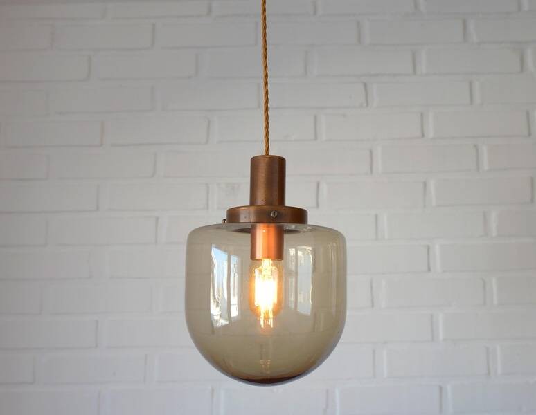 1 blown smoked glass pendant light / copper bar lamp / mid-century modern 1970s