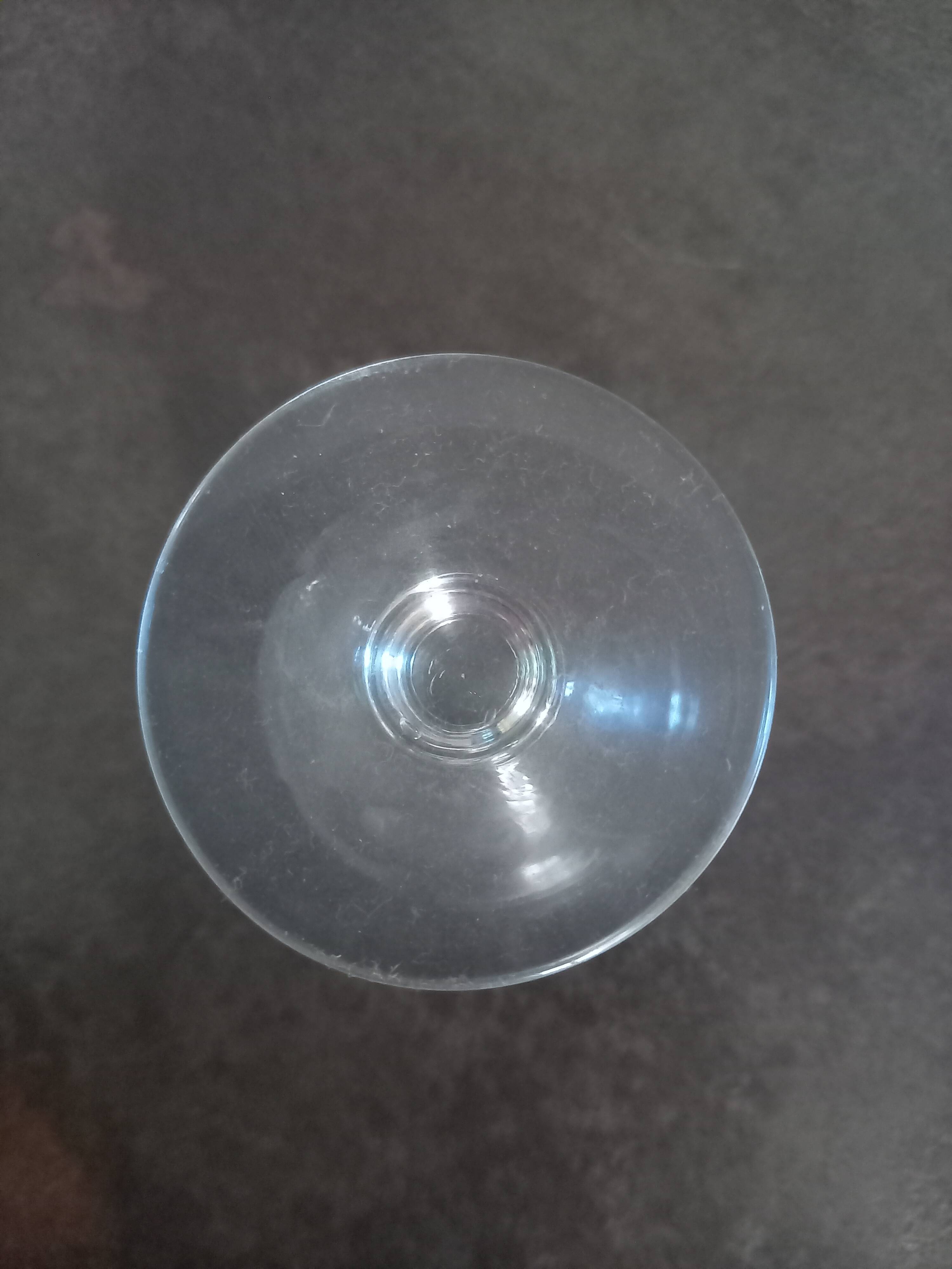 Vintage crystal aperitif glasses with engraved wheat ear pattern.